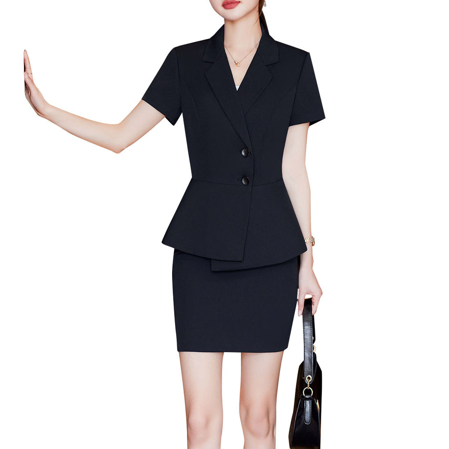 2PCS Women Business Suit Office Lady Blazer And Skirt Slim Fit Short Sleeve Solid Notched Collar Blazer + Mini Skirt Set Image 1