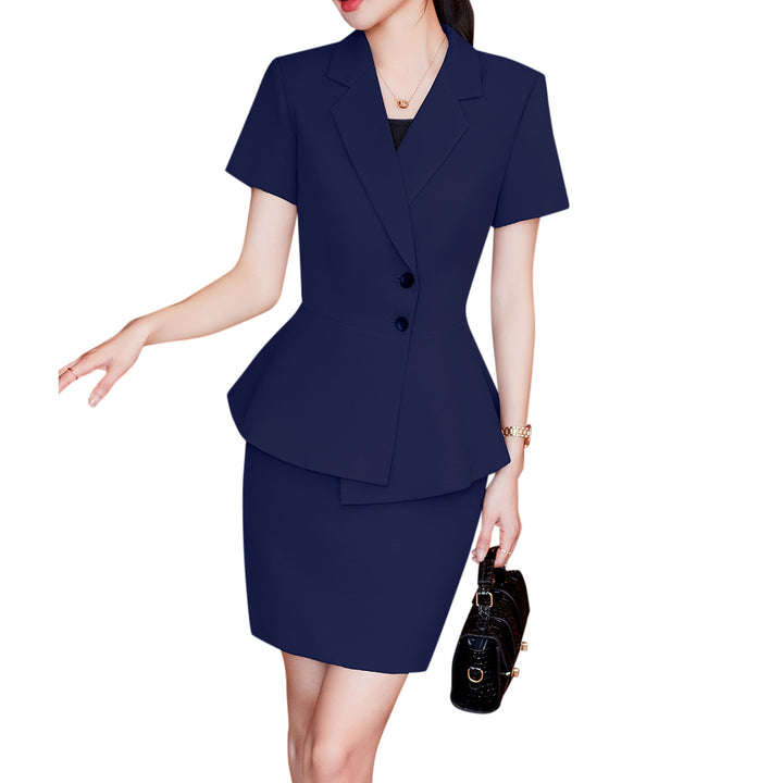 2PCS Women Business Suit Office Lady Blazer And Skirt Slim Fit Short Sleeve Solid Notched Collar Blazer + Mini Skirt Set Image 1