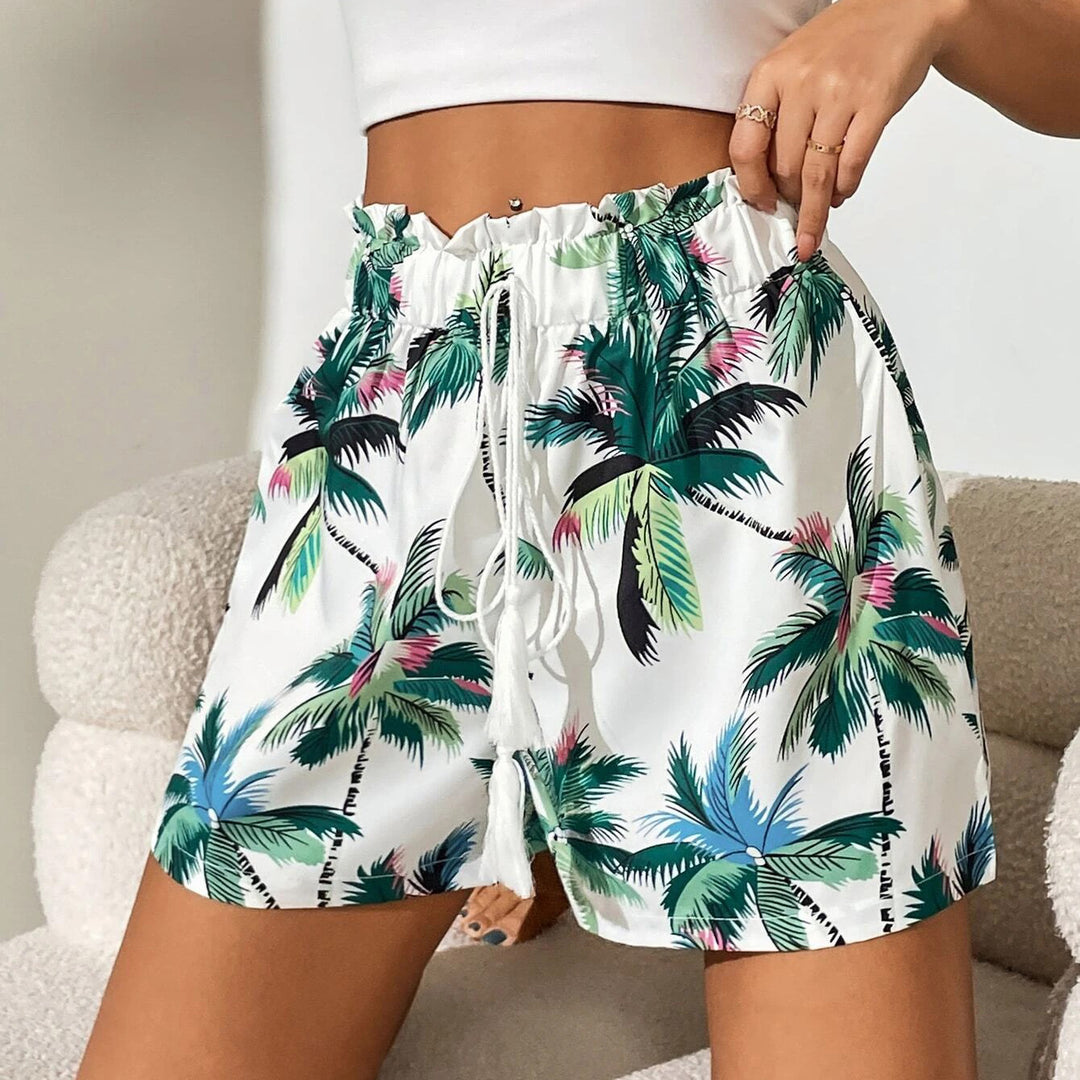 Tropical Print Knot Front Paperbag Waist Wide Leg Shorts Image 4