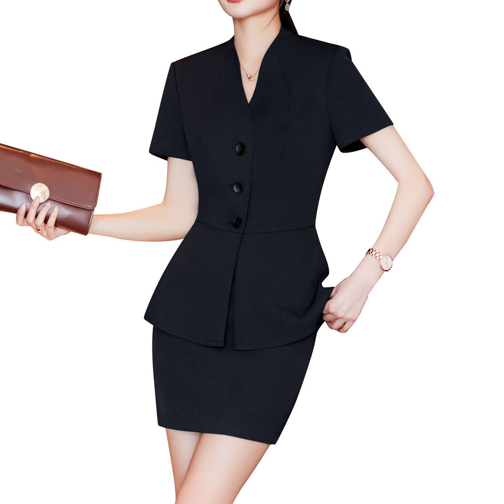 2 Pcs Women Suit Business Casual Blazer And Skirt Set Short Sleeve V Neck Solid Color Blazer + Short Skirt Office Work Image 2