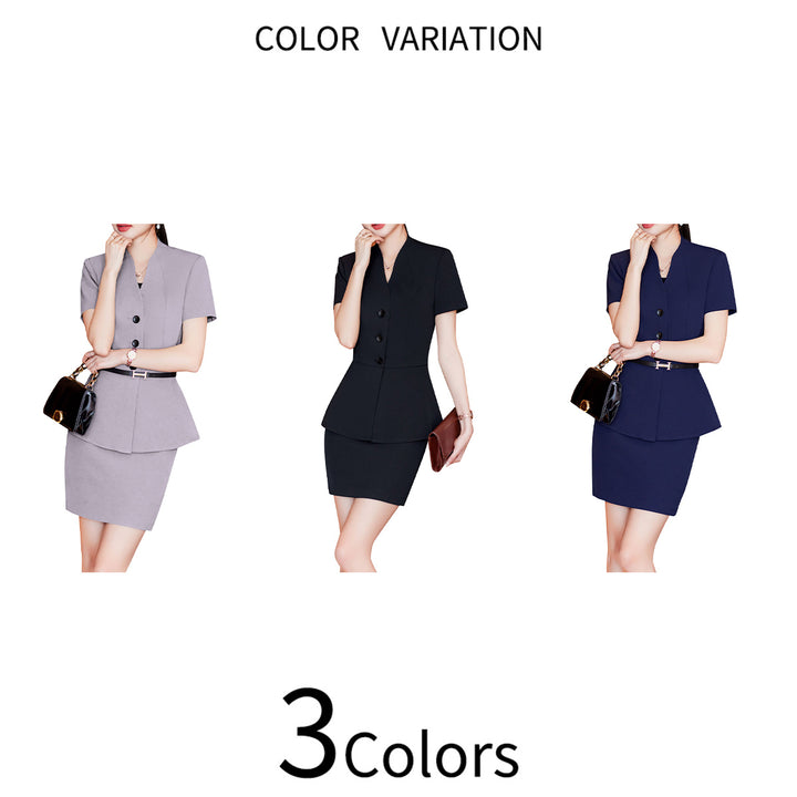 2 Pcs Women Suit Business Casual Blazer And Skirt Set Short Sleeve V Neck Solid Color Blazer + Short Skirt Office Work Image 4