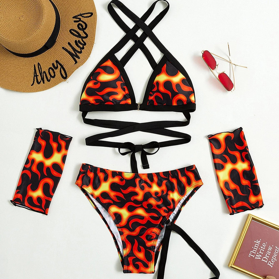 Fire Pattern Criss Cross Bikini Swimsuit With 1pair Oversleeves Image 4