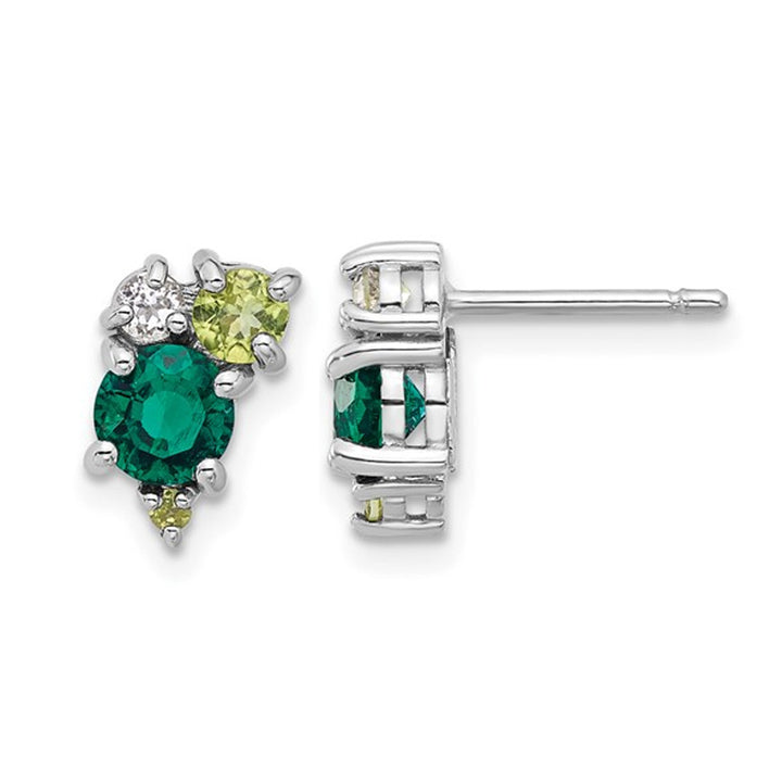 1.00 Carat (ctw) Lab-Created Emerald Post Earrings in Sterling Silver with Peridot and White Topaz Image 1