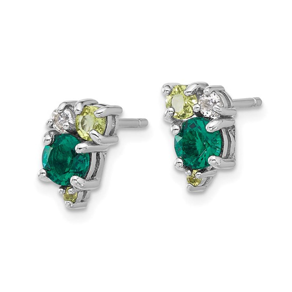 1.00 Carat (ctw) Lab-Created Emerald Post Earrings in Sterling Silver with Peridot and White Topaz Image 4