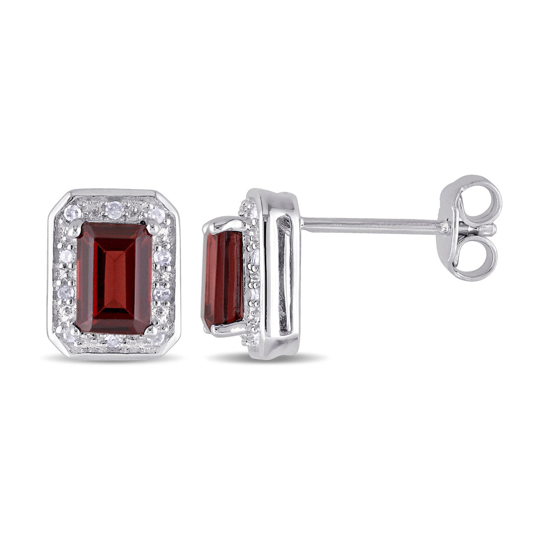 1.50 Carat (ctw) Garnet Emerald-Cut Solitaire Stud Earrings in Sterling Silver with Accent Diamonds Image 1