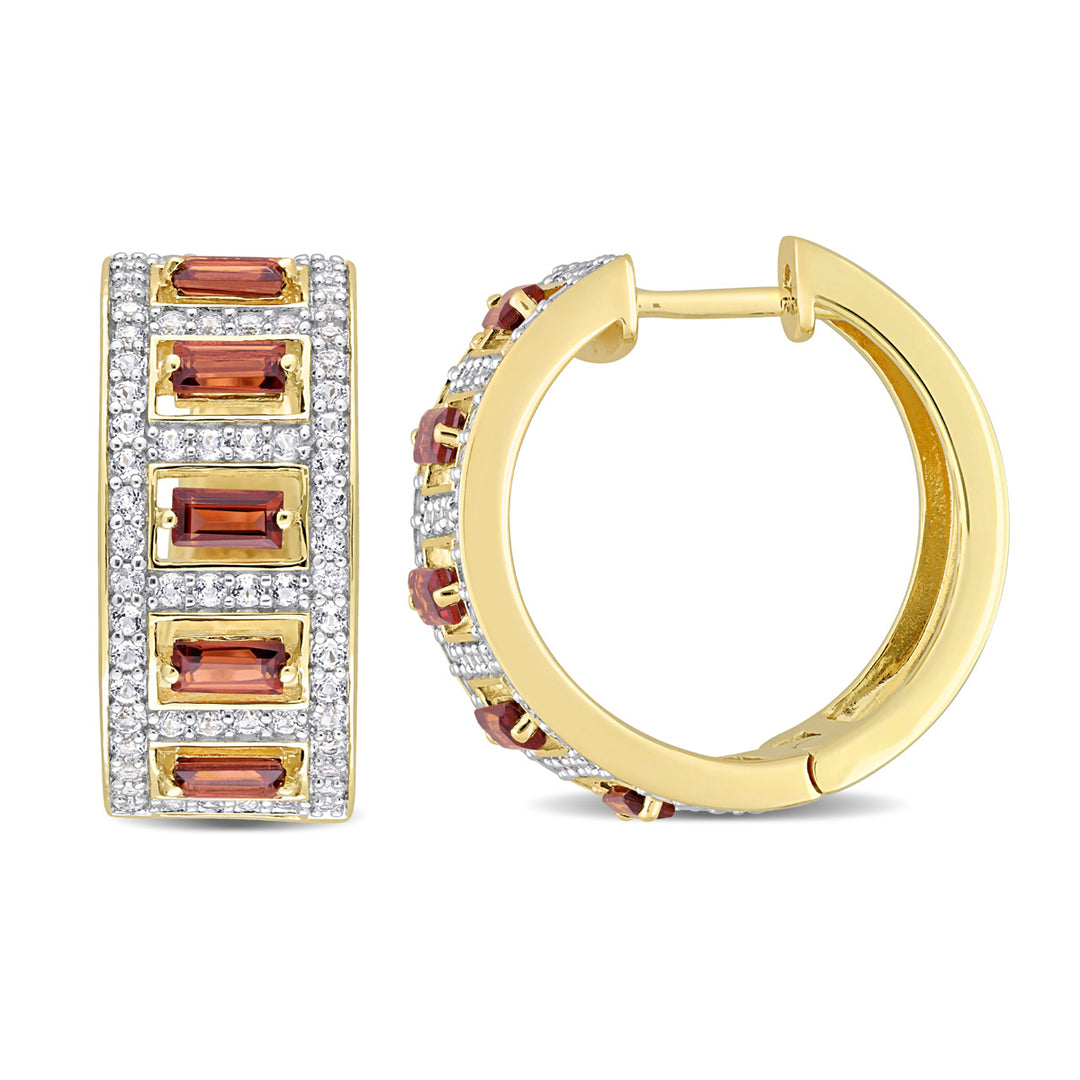 1.80 Carat (ctw) Garnet Hoop Earrings in Yellow Plated Sterling Silver with White Topaz Image 1