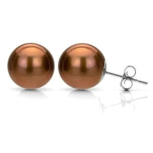 10K White Gold Plated 10 Mm Chocolate Pearl Round Stud Earrings Image 1