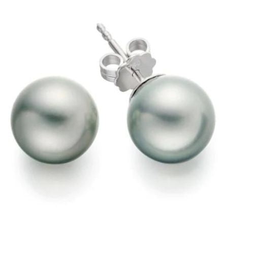 10K White Gold Plated 10 Mm Silver Pearl Round Stud Earrings Image 1