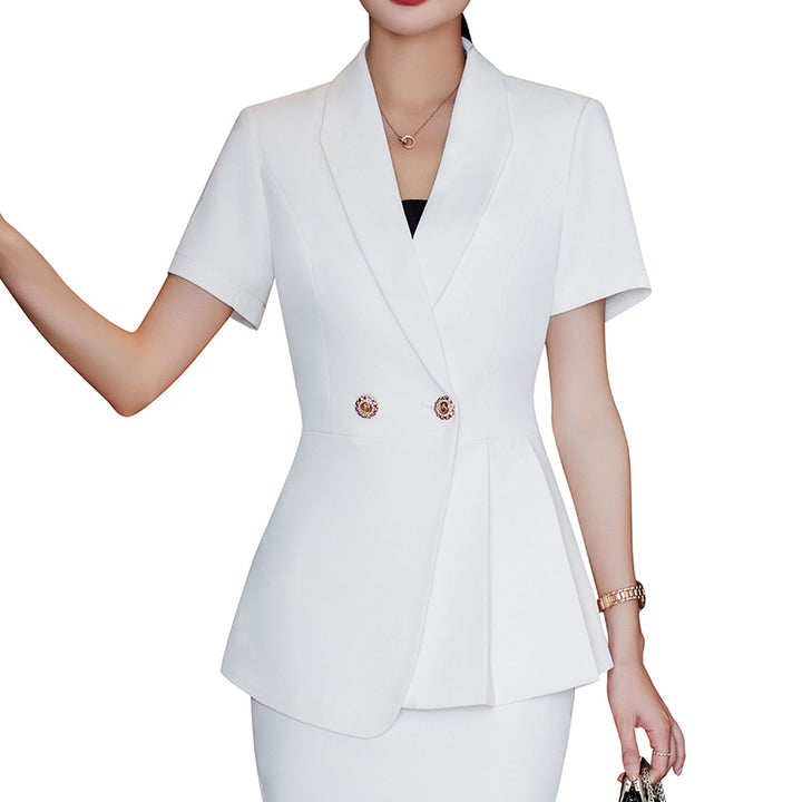 Women Blazers Summer Short Sleeve Double Breasted Solid Color Pleated Blazer Jackets Office Lady Formal Asymmetrical Image 1