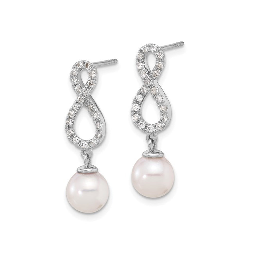 14K White Gold White Akoya Pearl Infinity Earrings (7-8mm) with Diamonds 2/5 Carat (ctw) Image 2