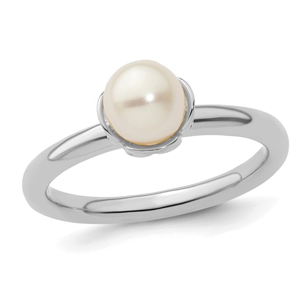 White Freshwater Cultured Pearl (6.5mm) Ring in Sterling Silver Image 1