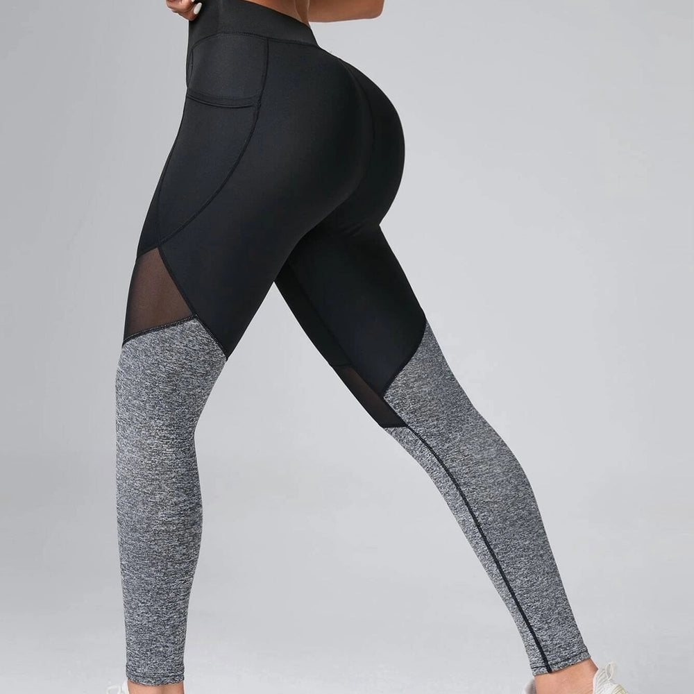 Contrast Color Panel Yoga Leggings Mesh Insert Gym Tights With Phone Pocket Image 2