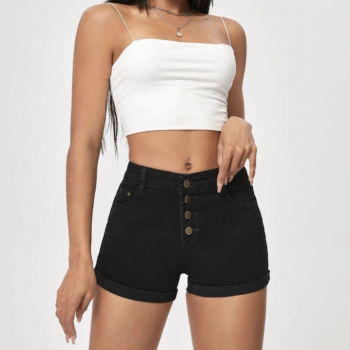 Button Front Rolled Hem Denim Shorts Image 4