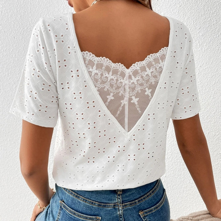 Contrast Lace Eyelet Embroidery Tee Image 3