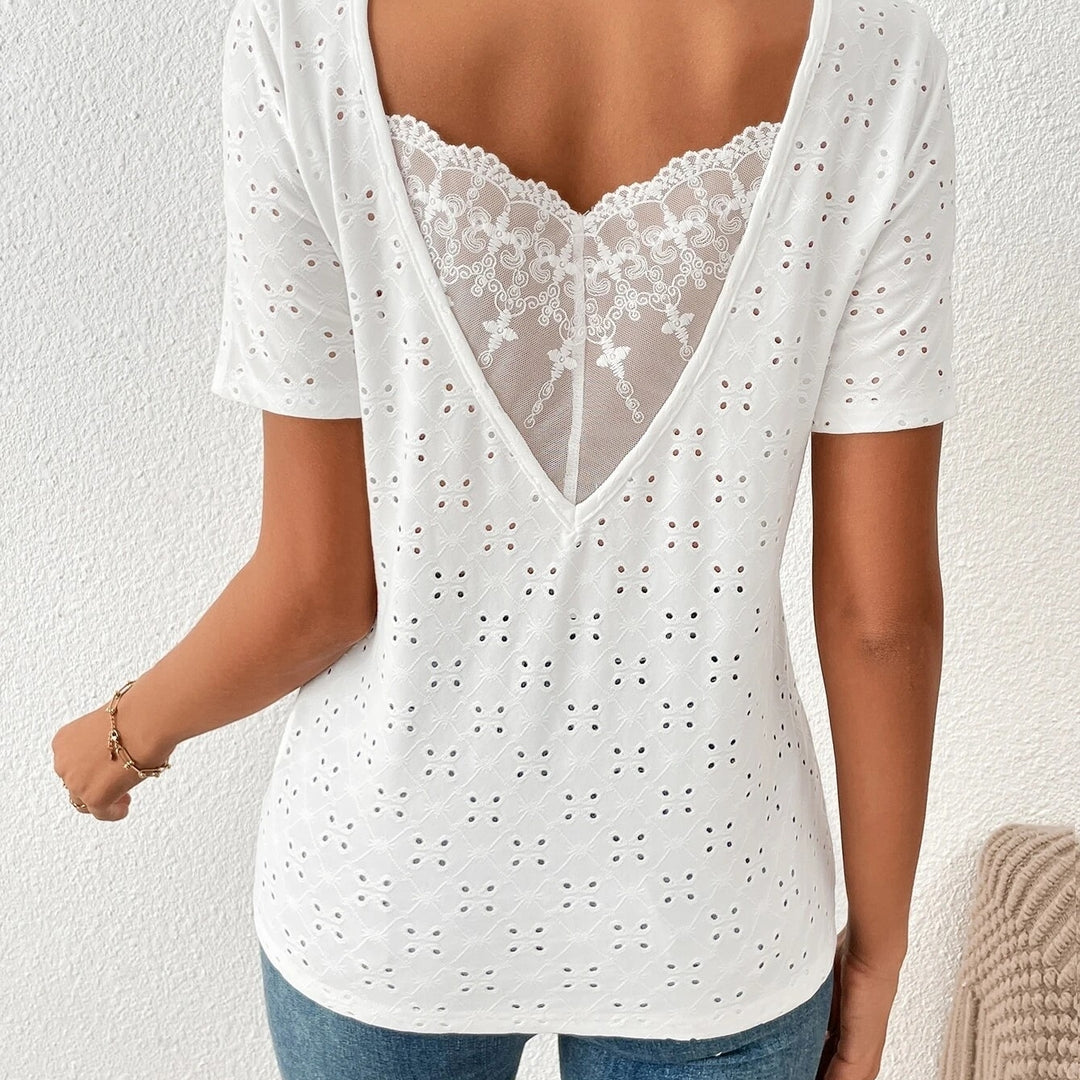 Contrast Lace Eyelet Embroidery Tee Image 4