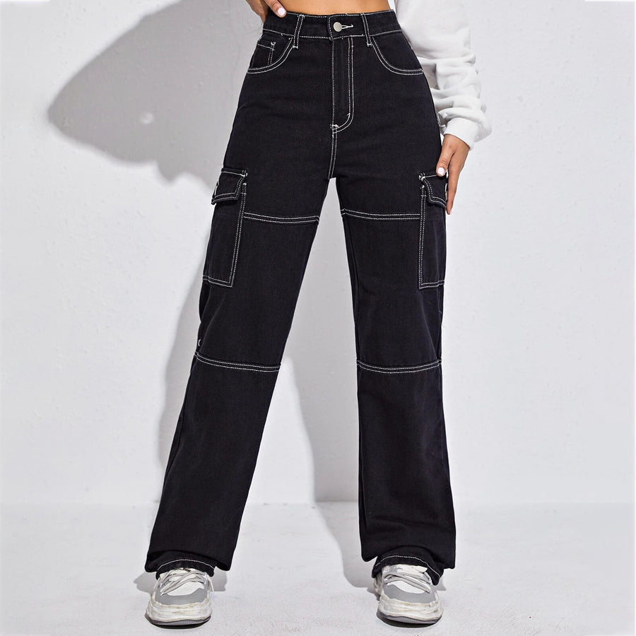 High Waist Flap Pocket Whip Stitch Jeans Image 1