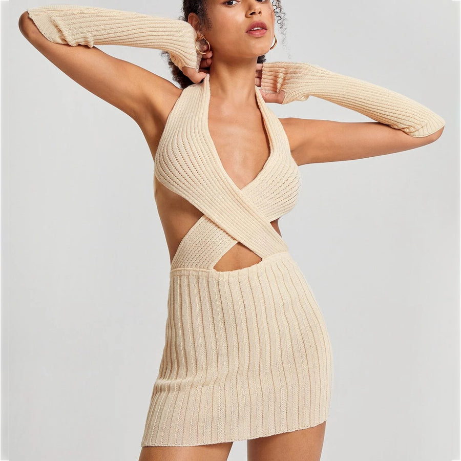 Crisscross Halter Neck Backless Ribbed Knit Bodycon Sweater Dress With Arm Sleeves Image 1
