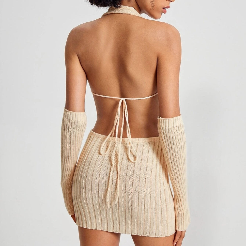 Crisscross Halter Neck Backless Ribbed Knit Bodycon Sweater Dress With Arm Sleeves Image 2