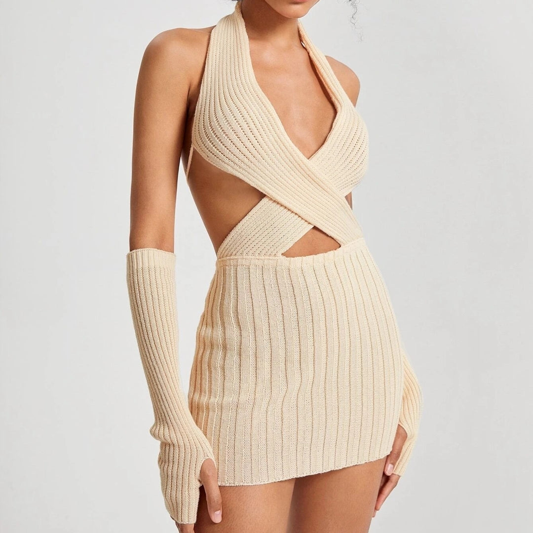 Crisscross Halter Neck Backless Ribbed Knit Bodycon Sweater Dress With Arm Sleeves Image 4