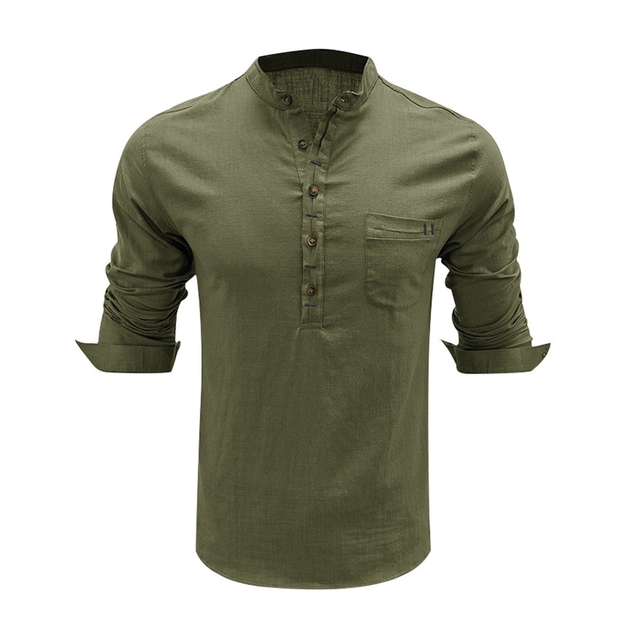 Men Casual Shirt Long Sleeve Loose Stand Collar Solid Color Blouses Fashion Spring Cotton And Linen Shirts Image 1