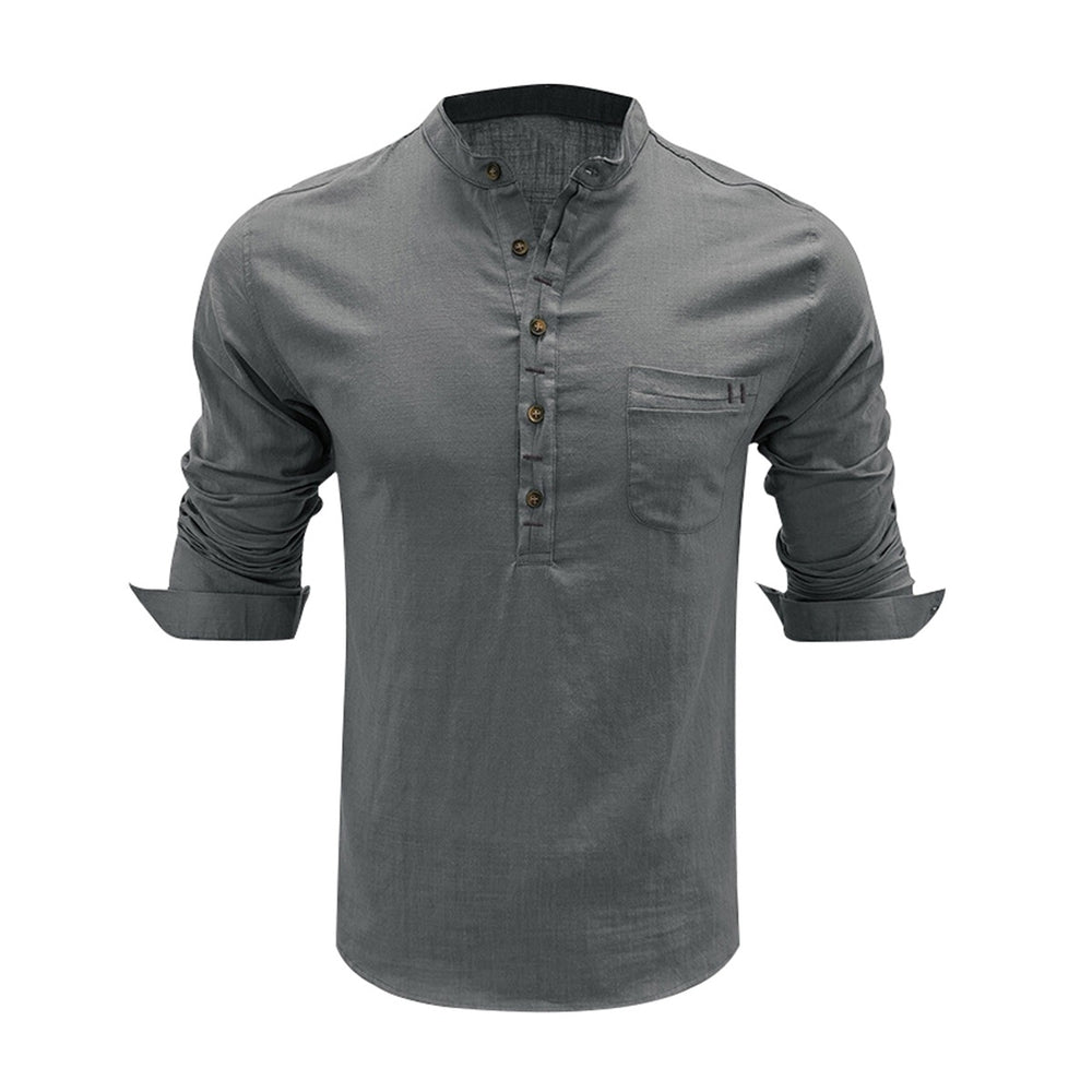 Men Casual Shirt Long Sleeve Loose Stand Collar Solid Color Blouses Fashion Spring Cotton And Linen Shirts Image 2