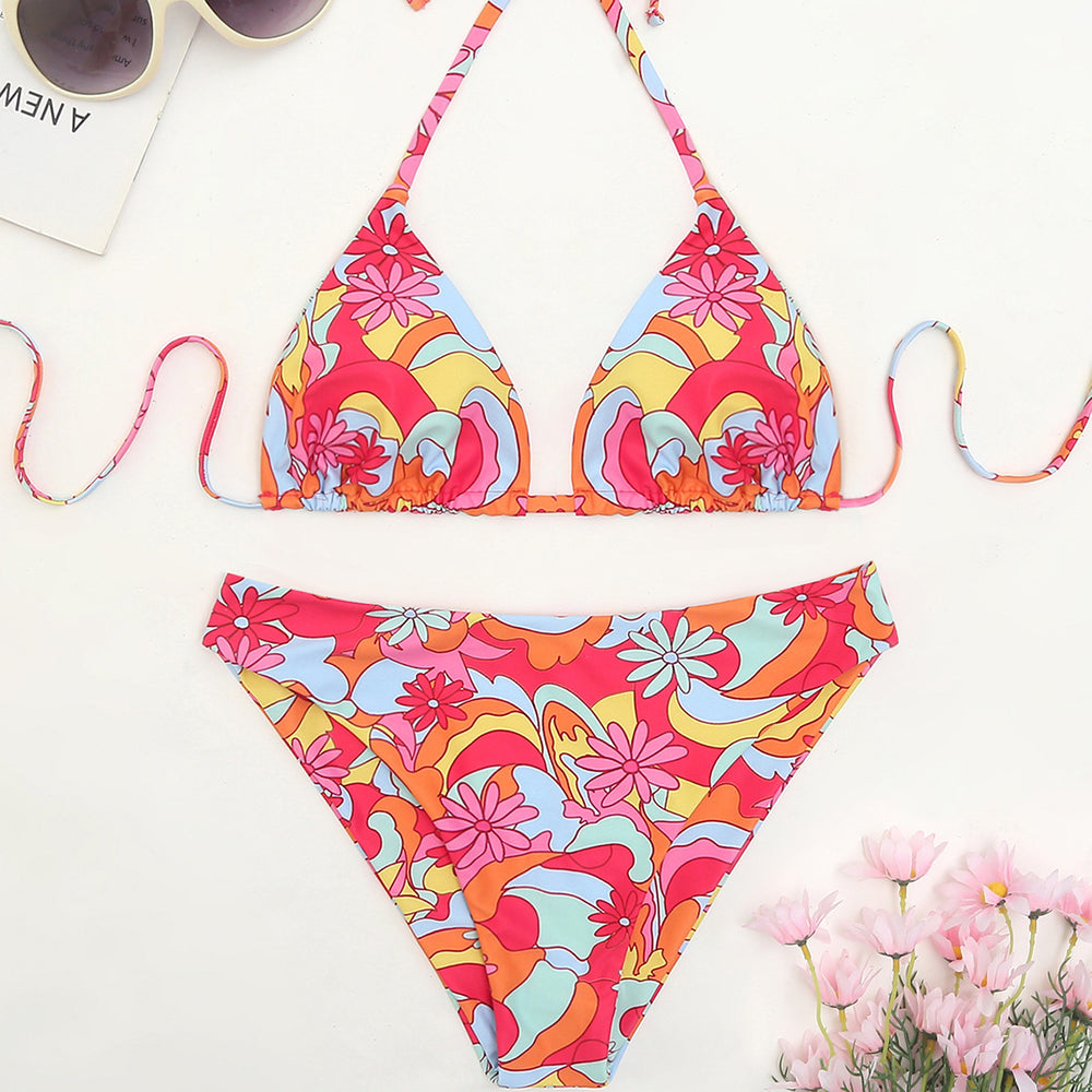 Floral and Tropical Ruffle Halter Bikini Swimsuit Image 2