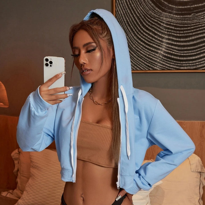 Drop Shoulder Zip Up Drawstring Crop Hoodie Image 4