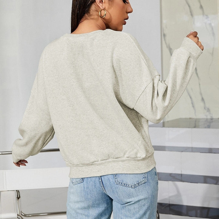 Letter Embroidery Marled Knit Drop Shoulder Pullover Image 2