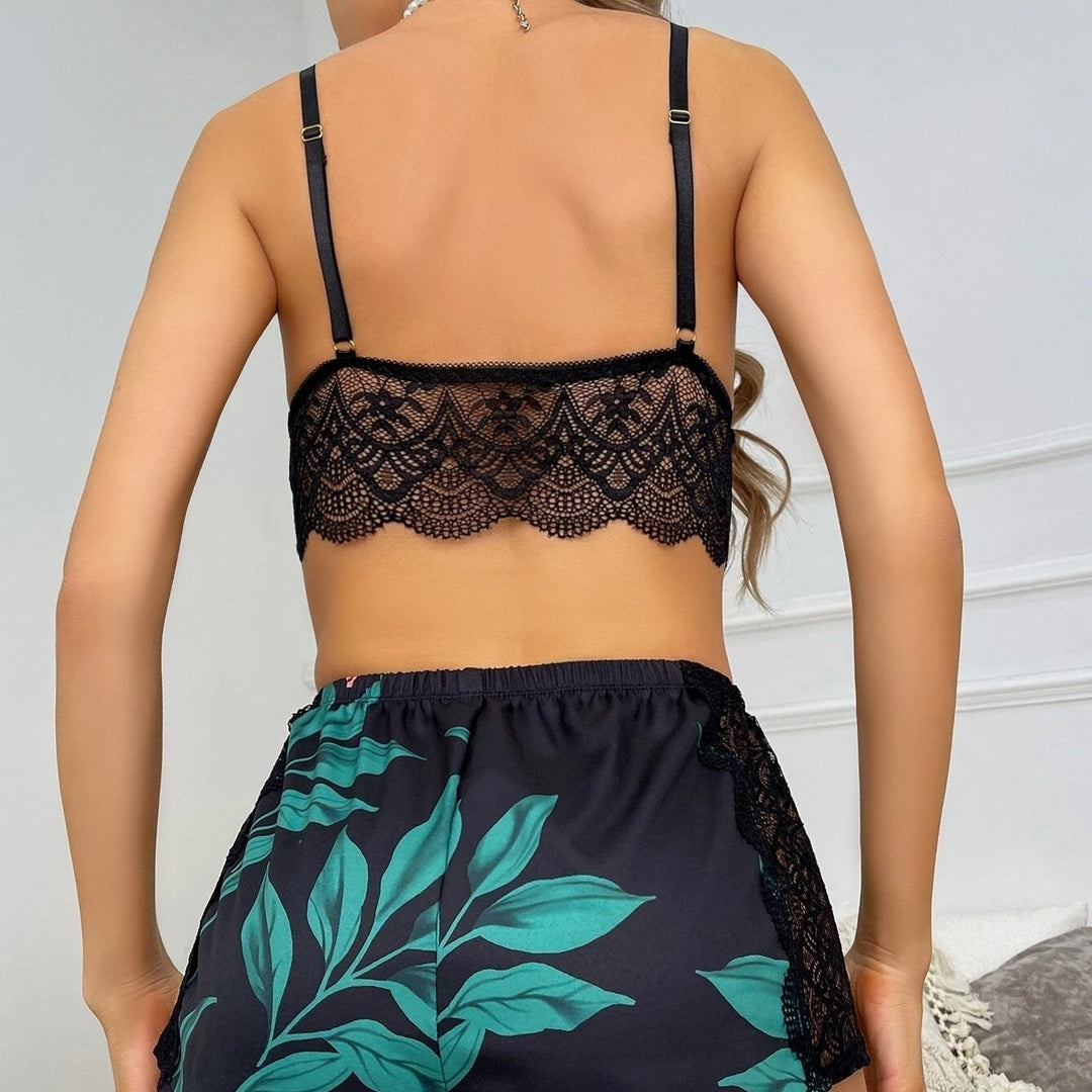Floral Print Contrast Lace Scallop Trim Cami Top and Shorts PJ Set Image 4
