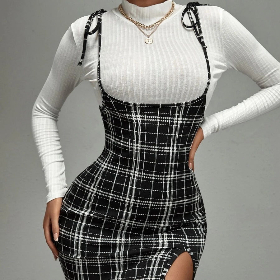 Plaid Print Tie Shoulder Split Hem Suspender Dress Image 1