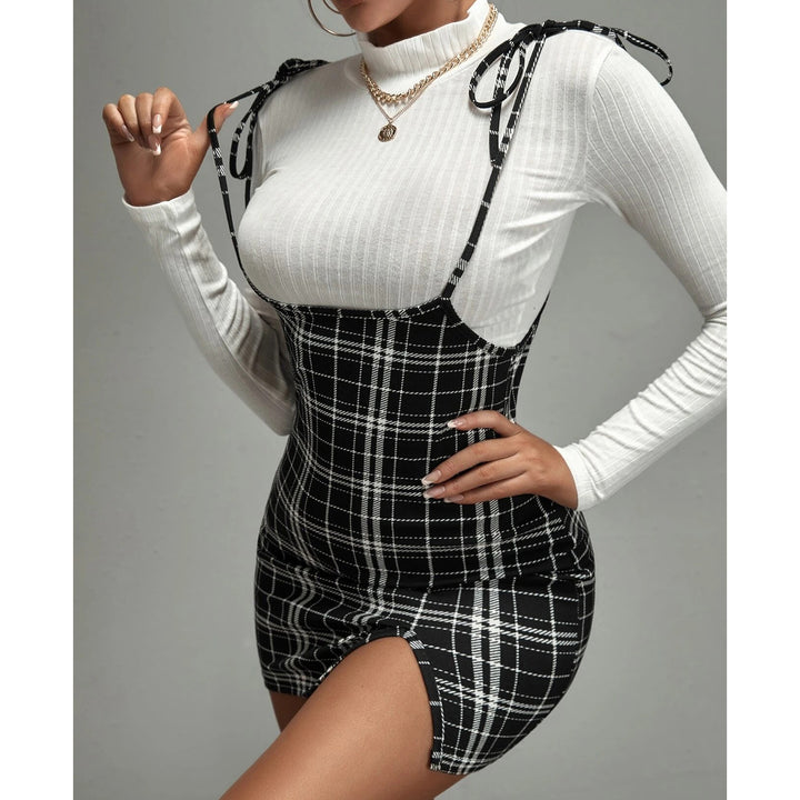 Plaid Print Tie Shoulder Split Hem Suspender Dress Image 4