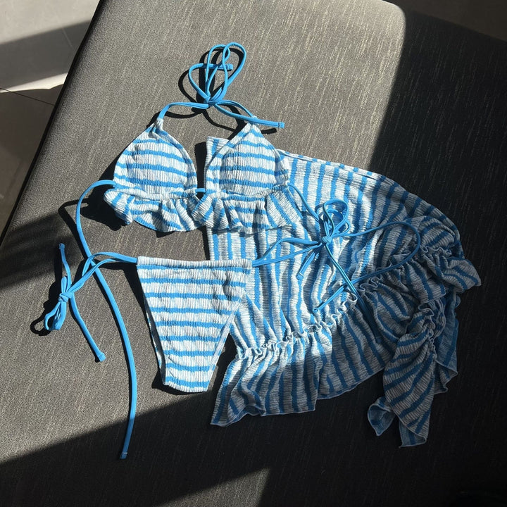 Lace Up Allover Print 3-piece Swimwear Set Bikini Swimsuit Image 1