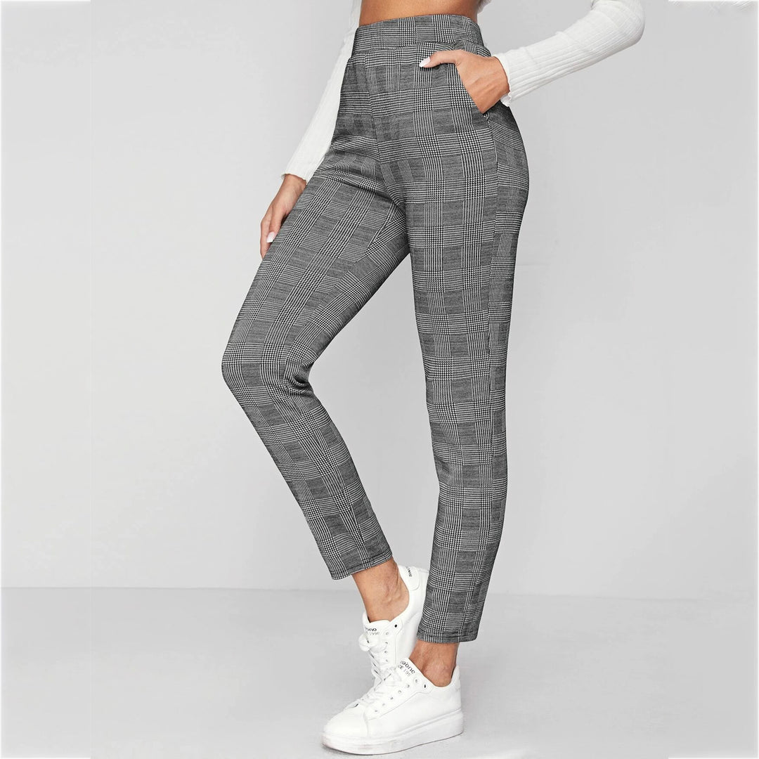 Elastic Waist Slant Pocket Plaid Pants Image 1