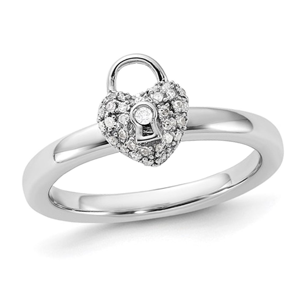 1/10 Carat (ctw) Diamond Heart Lock Ring in Sterling Silver Image 1