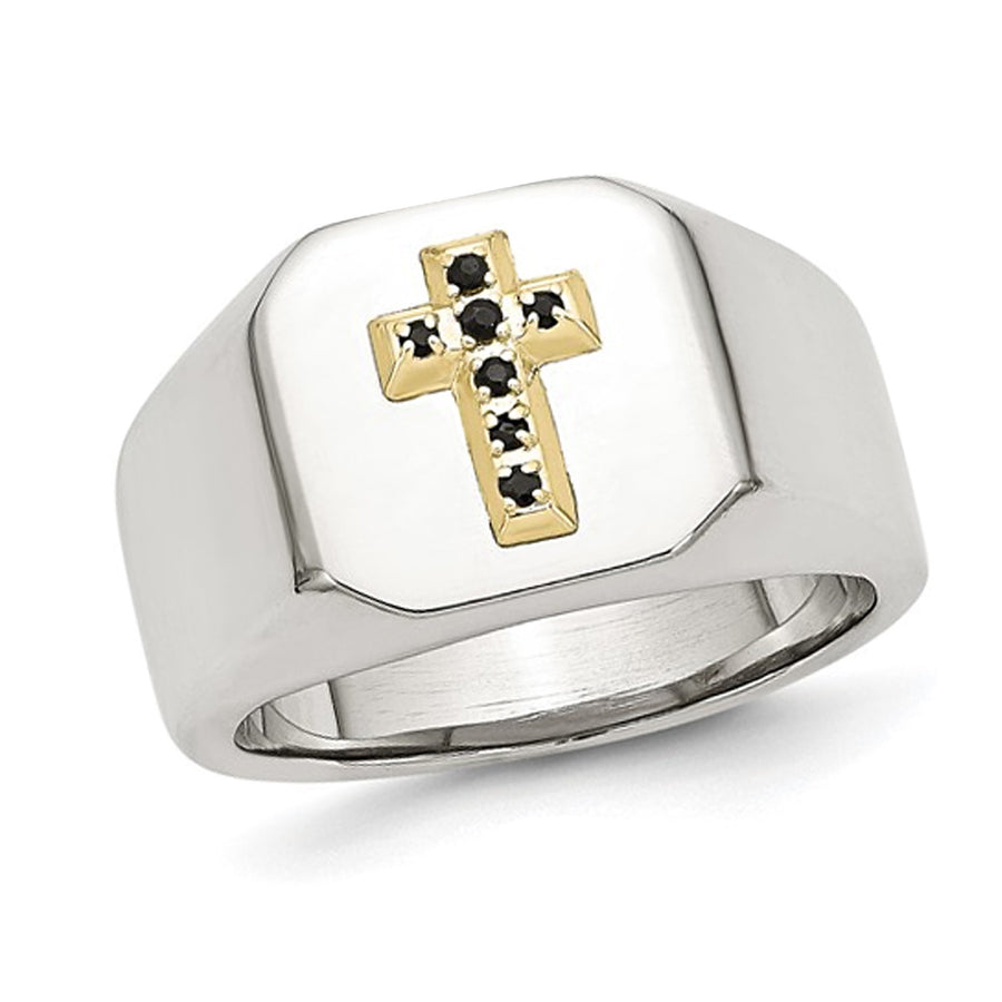 Mens Polished Stainless Steel Ring with Blue Sapphire Cross Image 1