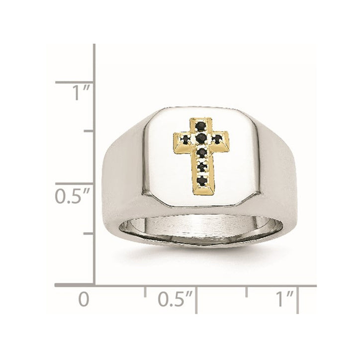 Mens Polished Stainless Steel Ring with Blue Sapphire Cross Image 3