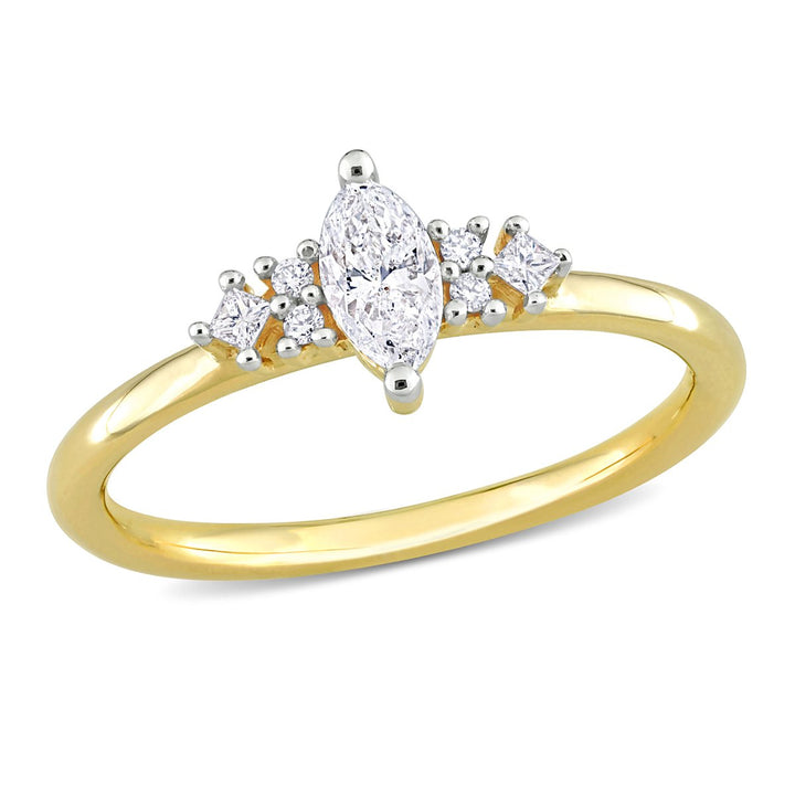 2/5 Carat (ctw I1-I2, H-I) Three Stone Marquise Diamond Ring in 14K Yellow Gold Image 1