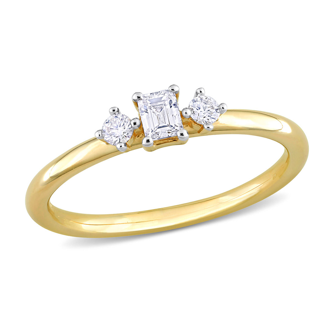 1/4 Carat (ctw I1-I2, H-I) Three-Stone Emerald-Cut Diamond Ring in 14K Yellow Gold Image 1