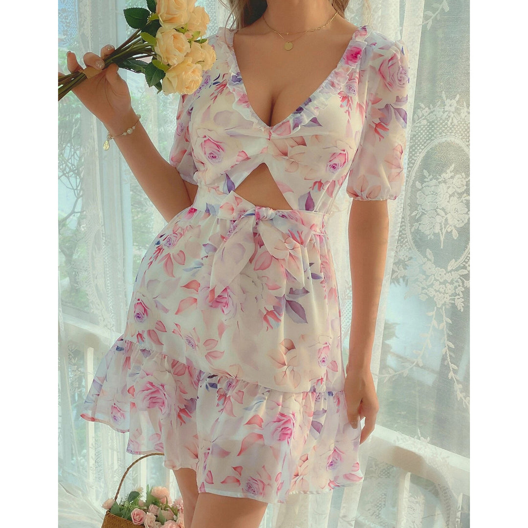 Random Floral Print Cut Out Tie Backless Ruffle Hem Chiffon Dress Image 4