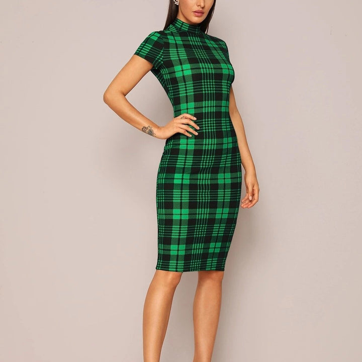 Mock Neck Plaid Pencil Dress Image 1