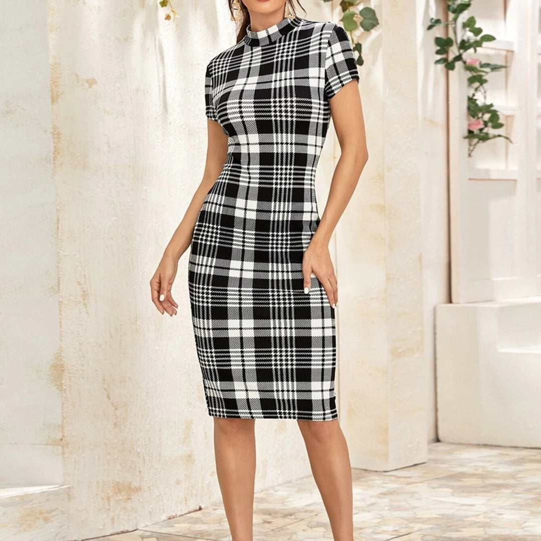 Mock Neck Plaid Pencil Dress Image 1