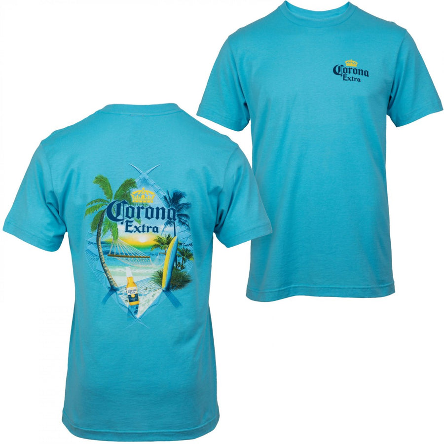 Corona Extra At The Beach Aqua Front and Back T-Shirt Image 1