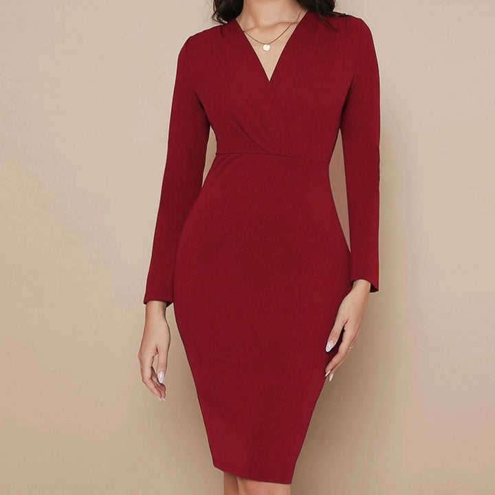 Belle Surplice Neck Split Hem Solid Dress Image 4