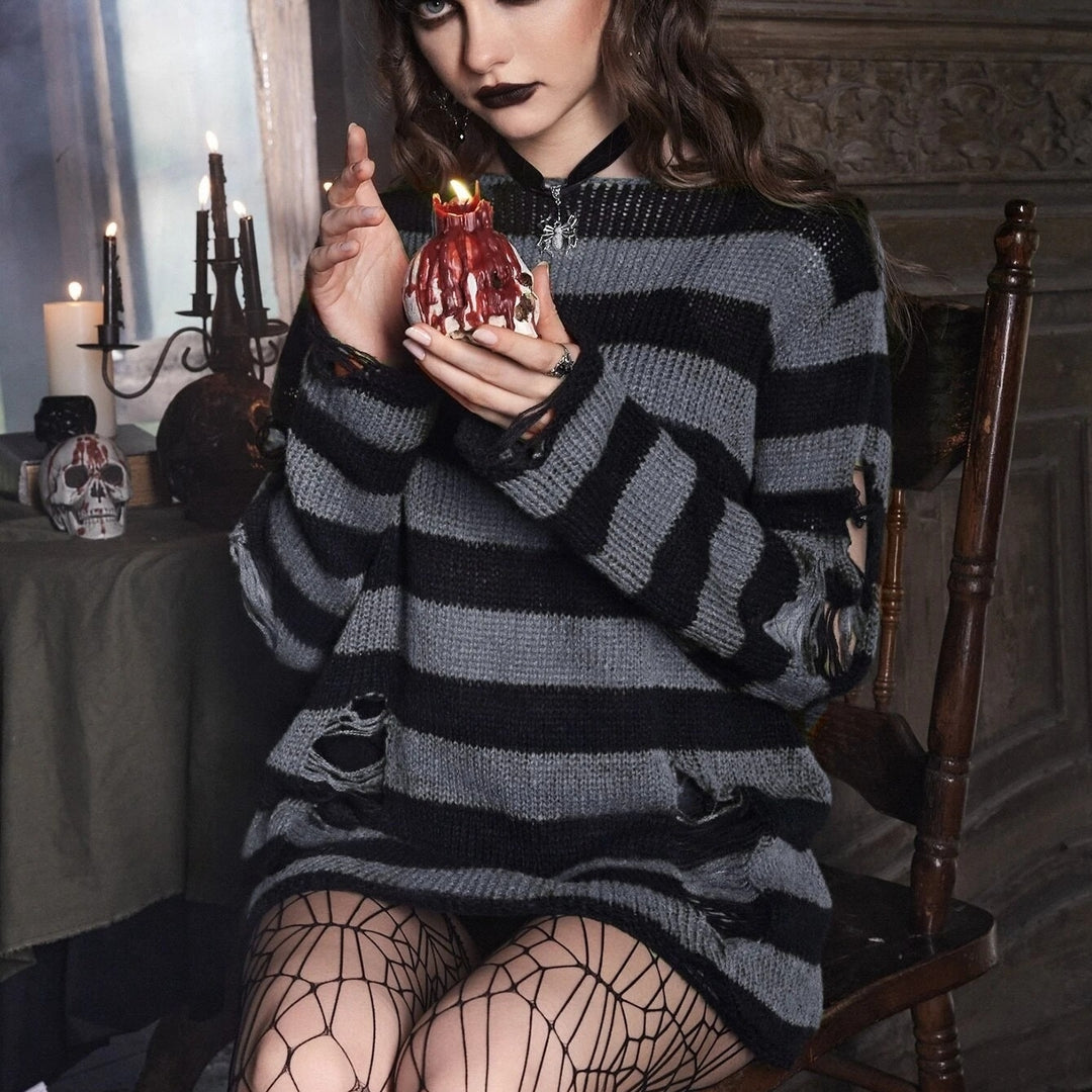Goth Striped Distressed Sweater Image 2