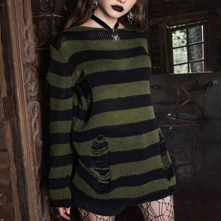 Goth Striped Distressed Sweater Image 4