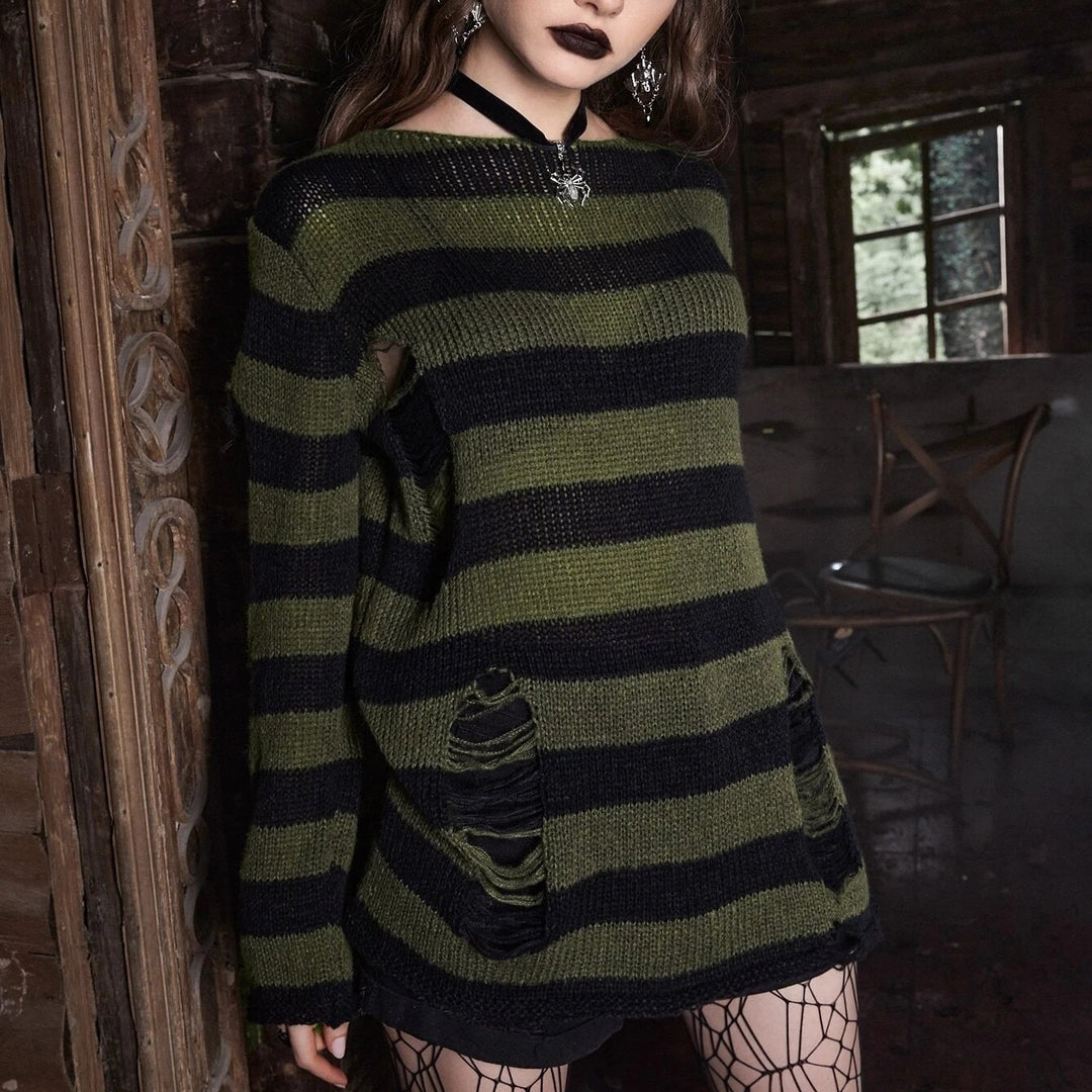 Goth Striped Distressed Sweater Image 1