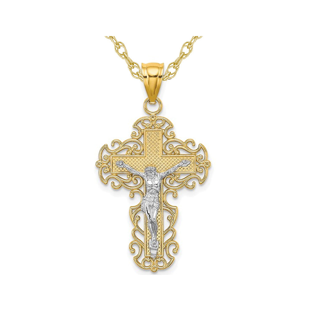 10K Yellow Gold Cross Crucifix with Lace Trip Pendant Necklace with Chain Image 1
