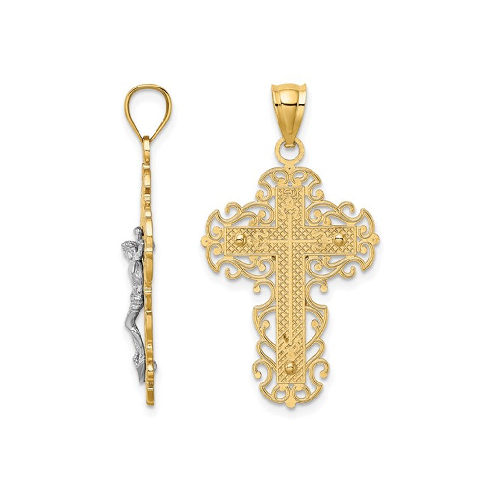 10K Yellow Gold Cross Crucifix with Lace Trip Pendant Necklace with Chain Image 2