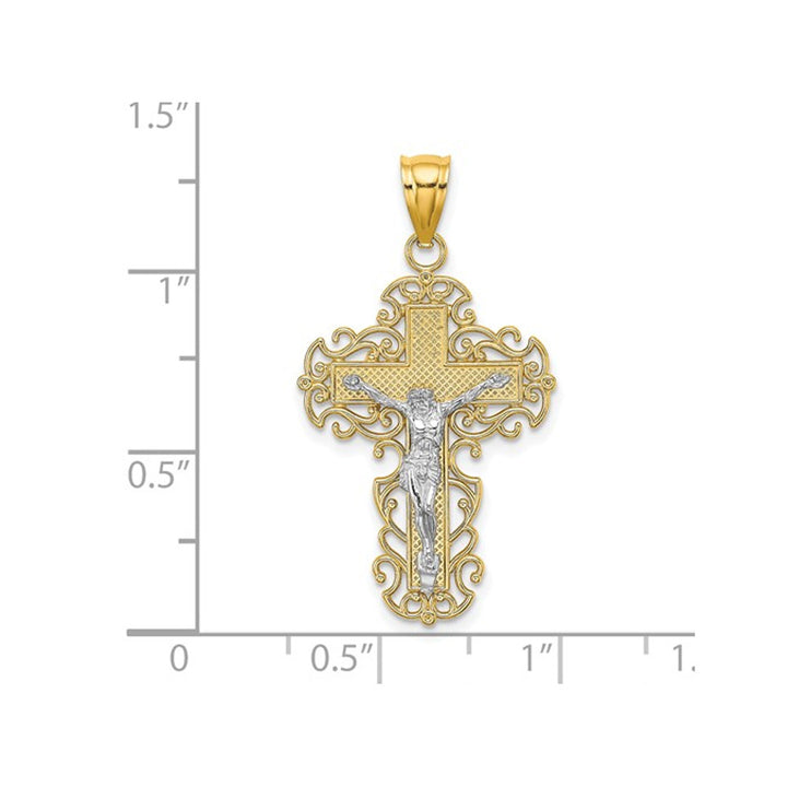 10K Yellow Gold Cross Crucifix with Lace Trip Pendant Necklace with Chain Image 3