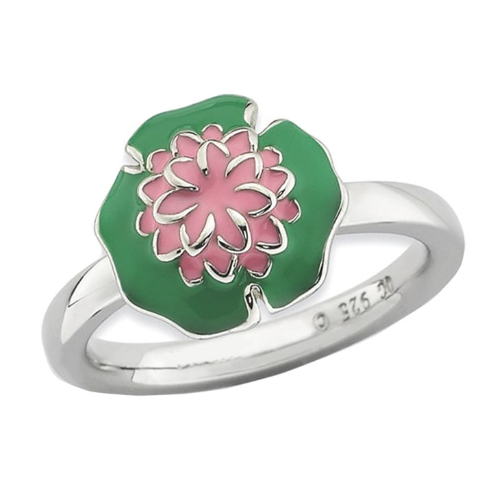 Sterling Silver Green Enamel Water Lily Ring Image 1